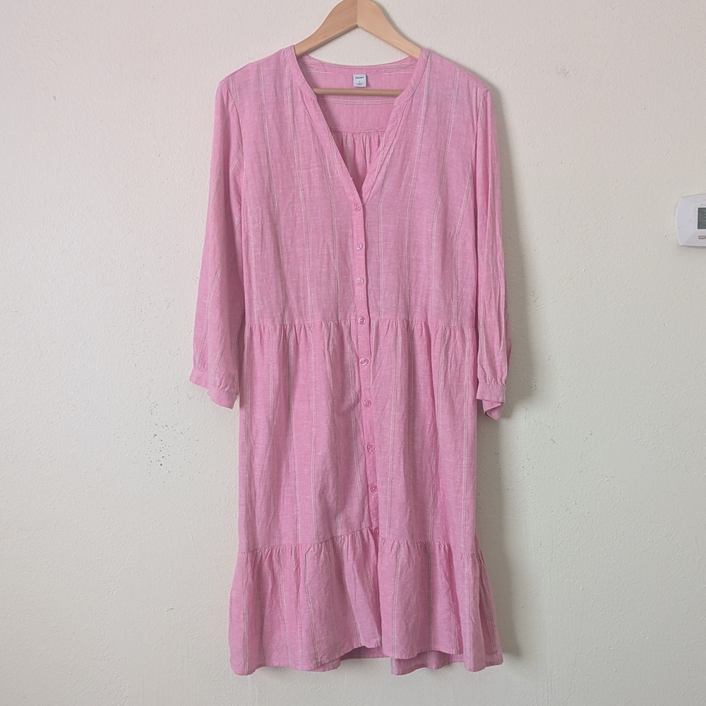 Old Navy Pink Stripe V-Neck Button-Front Dress, Size L, Casual Spring Easter